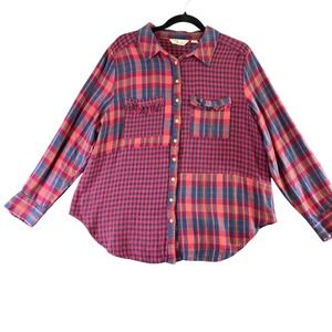 Caffe Marrakesh Womens Red Blue Mixed Plaid Patchwork Button Up Shirt 1X Rayon